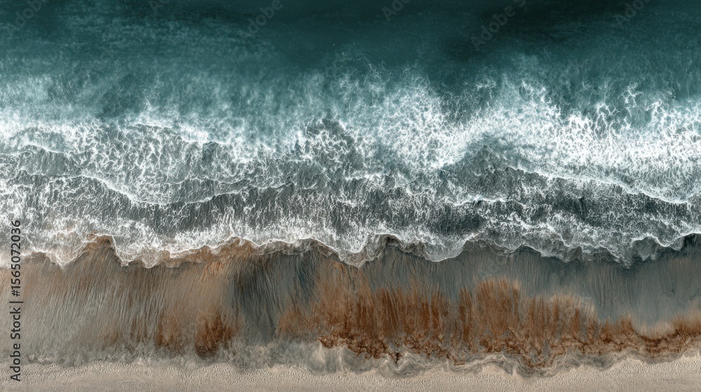 Poster drone view of coastal tide lines creating organic brushstroke patterns. desaturated sand and sea foa
