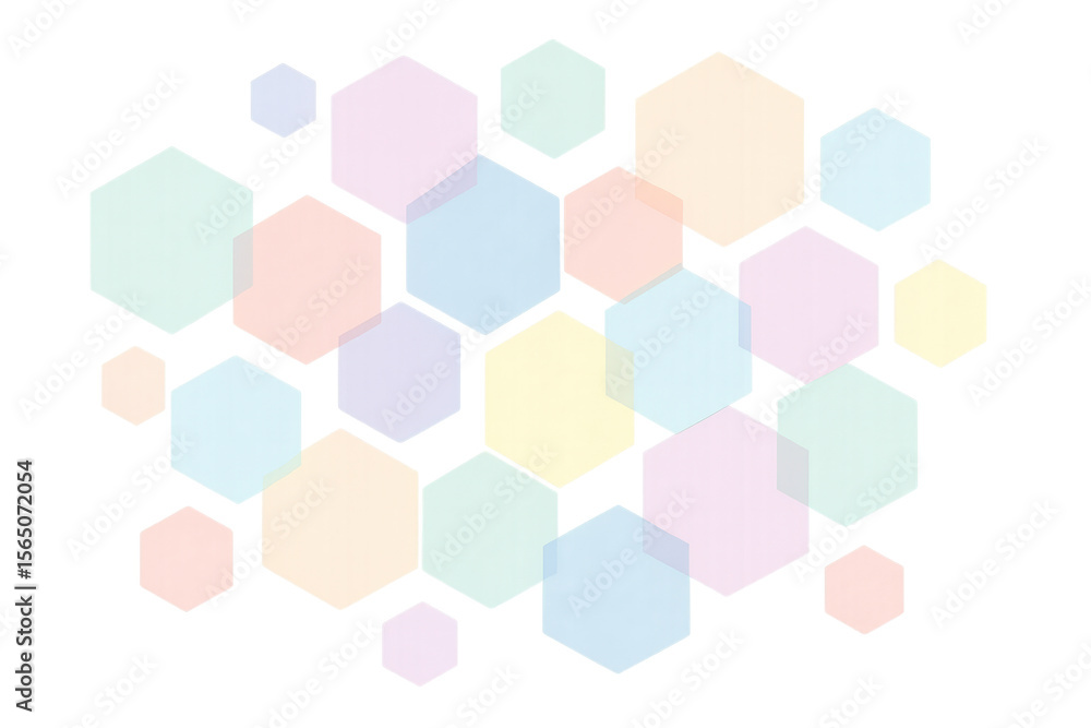 Poster translucent pastel hexagons overlapping, creating geometric abstract pattern with transparent backgr
