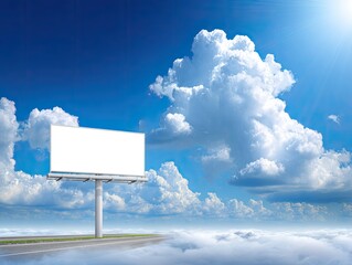 Empty White Billboard Against Blue Sky With Fluffy Clouds and Sunlight
