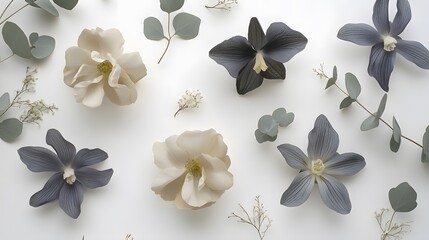 Elegant Floral Flatlay Beige Gray Flowers Eucalyptus