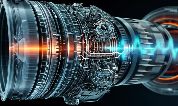 An intricate, see-through rendering of a turbine engine, highlighting internal workings with glowing accents. Metallic, mechanical, and energy