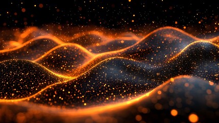Abstract design of textured waves of orange and black particles.