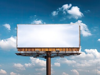 Empty Blank Billboard Against Clear Blue Sky with Soft White Clouds Above