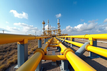 Yellow gas pipeline installation runs across landscape. Modern gas pipeline facility and industrial infrastructure for energy transportation shows engineering solutions for gas pipeline.
