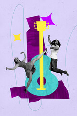 3d zine pop poster vertical collage of happy girl guy dance weekend party celebration note guitar...