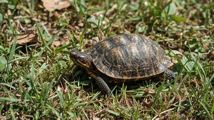 Fototapeta premium Curious wild turtle discovered in backyard exploration