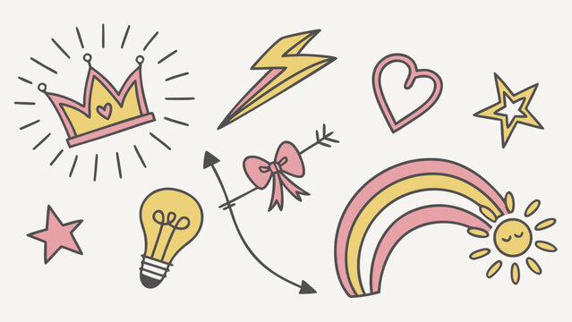 A colorful set of playful doodles featuring a crown, lightning bolt, hearts, stars, and a cheerful sun.