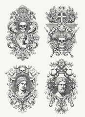Hand drawn vector retro victorian ornaments set. engraving illustration of Floral decorative vector elements set, rococo and baroque style, vintage royal details