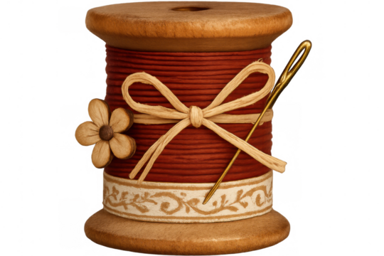 Red thread elegantly coiling wooden spool, accompanied by delicate bow, flower, vintage sewing needle against transparent backdrop