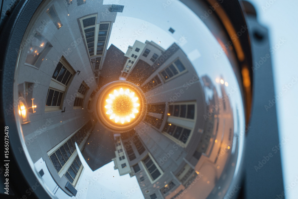 Poster security camera lens reflecting urban architecture with buildings. security camera capturing archite