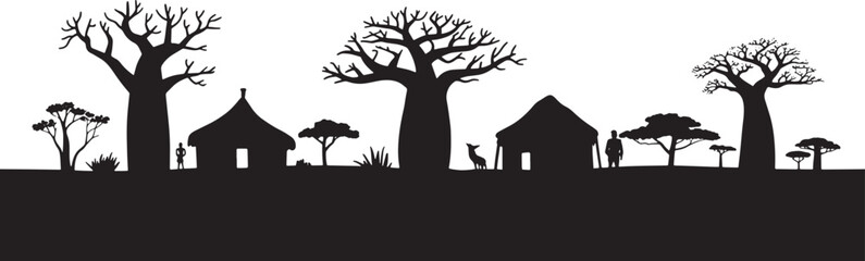 African Savanna Silhouette Wildlife Scene with Trees Grass and a Vibrant Sky at Sunset or Sunrise