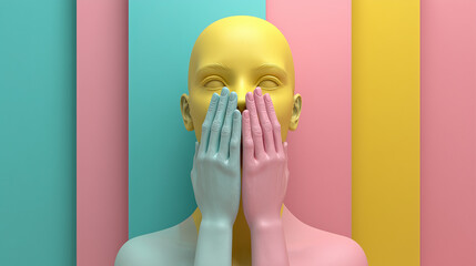 Minimalist Shop Display – Female Mannequin Head Silenced by Hands, Pastel Colors

