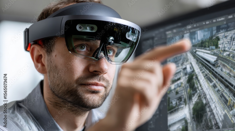 Poster A man wearing a virtual reality headset pointing at a computer monitor