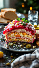 Layered beetroot and potato salad with bread and pickles