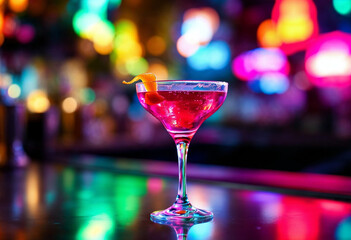 Vibrant pink cocktail in a martini glass with neon lights