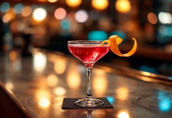 Classic cocktail with orange peel on a bar counter