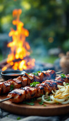 Grilled meat skewers with sauce and fire in the background