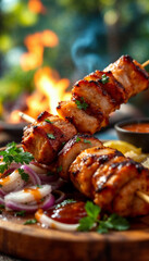 Juicy grilled kebabs with onion and spicy sauce