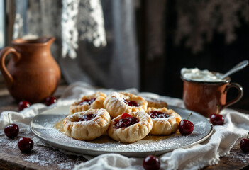 Cherry pastries with powdered sugar and cream on a rustic table