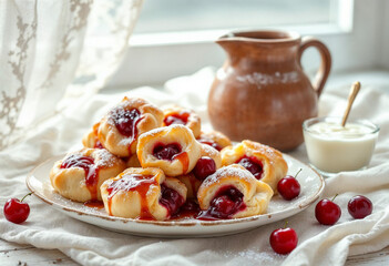 Cherry-filled puff pastries with cream and fresh cherries