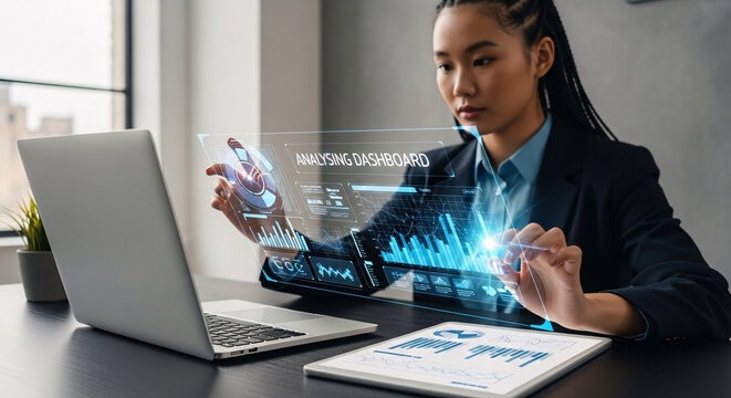 Young woman analyzing financial data on a futuristic holographic dashboard - Powered by Adobe