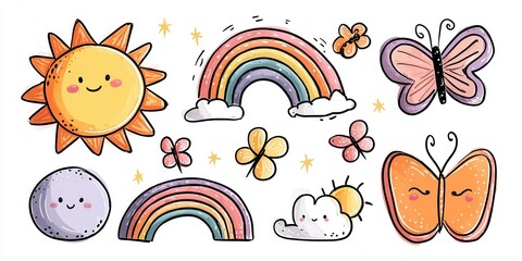 Fototapeta premium cute kawaii sun rainbow butterfly vector set