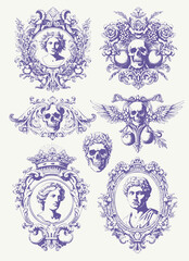 engraving illustration of victorian, rococo, baroque style elements. book cover, social media, t shirt design application