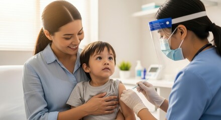 Mother and child receiving vaccination from healthcare professional