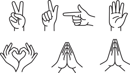 Outline Icons of Hand Gestures: Pointing, Prayer, and Communication