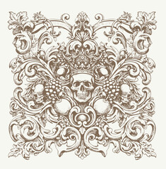 engraving illustration of victorian, rococo, baroque style elements. book cover, social media, t shirt design application