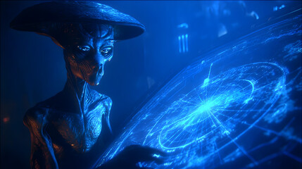 A blue-skinned alien, wearing a wide hat, intently studies a glowing, intricate digital map displayed on a large console.