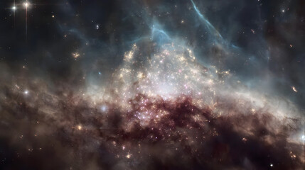 Fototapeta premium A cosmic nebula, densely populated with stars, features swirling clouds of gas and dust in dark brown, grey, and blue hues. Bright stellar clusters illuminate the scene.