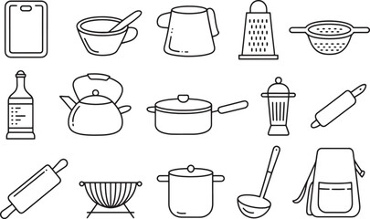 Outline Icons of Kitchen Utensils and Cookware Set for Culinary Design