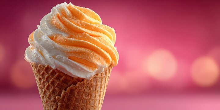 Creamy orange and vanilla swirl ice cream cone with a blurred pink background during a summer evening