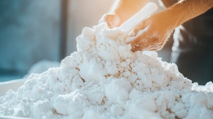 Close-up of a Pile of White Powder, Hands Mixing with Spatula