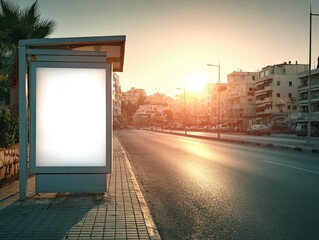 Empty White Blank Advertising Billboard With Sunset Background