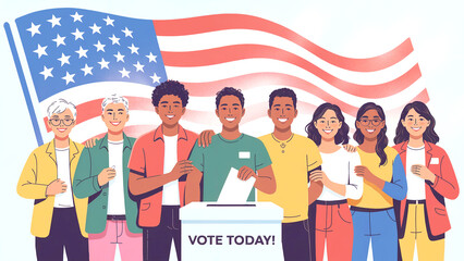 Diverse group of people voting together in front of the american flag