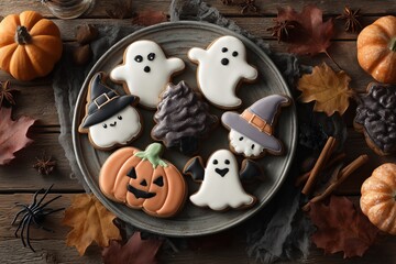 Flat Lay of Halloween Cookies with Ghost, Pumpkin, and Bat on Rustic Wooden Background