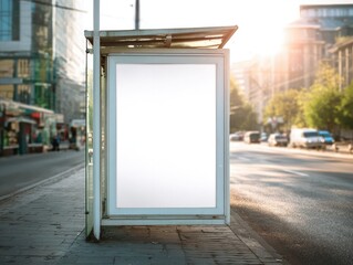 Empty White Blank Advertising Signage at Urban Bus Stop During Sunset