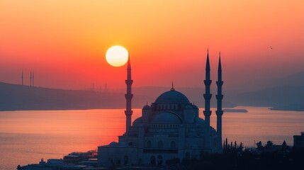 Naklejka premium Sunset Silhouette: Majestic Mosque and Glowing Sun Over Bosphorus Strait