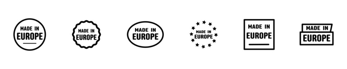 Made in Europe label. Made in Europe product emblem, sign, symbol, badge or seal. European Union quality standards tag, stamp an sticker. CE mark pictogram for product packaging. EU quality icon. EPS 