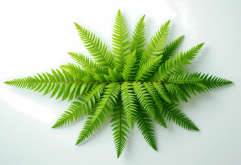 Arrangement of green fern fronds radiating from a central point on a white surface creating a starburst effect