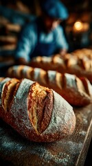 Freshly baked loaves of bread cooling on a wooden surface in a cozy bakery during the early morning hours