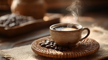 Detailed Morning Beverage: Steaming Cup of Aromatic Coffee on a Vintage Wicker Stand Illuminated by Natural Sunlight in a Rustic Ambiance