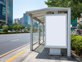 Empty White Blank Space At A Bustling Urban Bus Stop Shelter For Ads