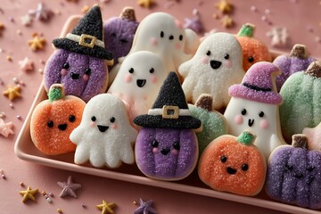 Cute Halloween Cookies with Ghost, Pumpkin, and Witch Designs on Pastel Background