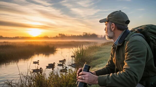 Man observes birds with binoculars at dawn in a wetland, capturing the beauty of nature during early morning light