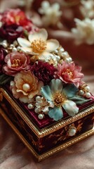 Decorative jewelry box adorned with colorful flowers and pearls on a soft fabric background