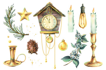 Vintage-style hand-painted watercolor set with cuckoo clock, candles, pine, and festive decor. Ideal for Christmas clipart and cozy seasonal graphics. New Year, Christmas Illustration