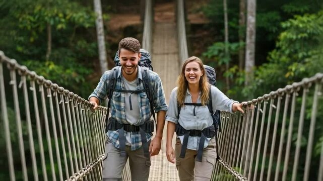 Backpackers laugh together while crossing a small rope bridge in a lush forest during their adventurous hike